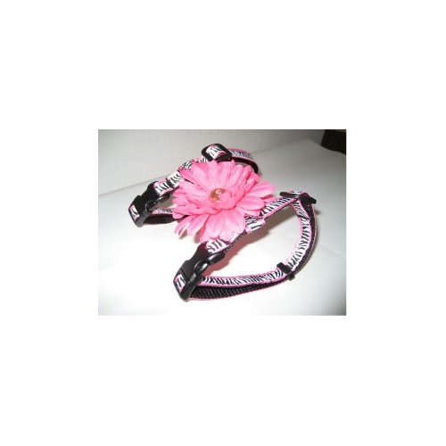 XSmall Zebra Print Pink 4" Floral Dog Harness : Neck 8-12" Girth 8-14"