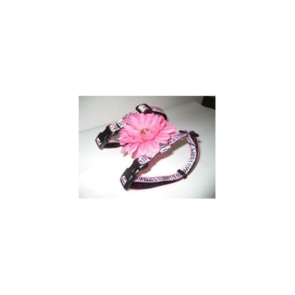 XSmall Zebra Print Pink 4" Floral Dog Harness : Neck 8-12" Girth 8-14"