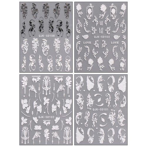 JMEOWIO 3D Embossed Black White Flower Nail Art Stickers Decals Self-Adhesive Pegatinas Uñas 5D Leaves Line Nail Supplies Nail Art Design Decoration Accessories 4 Sheets