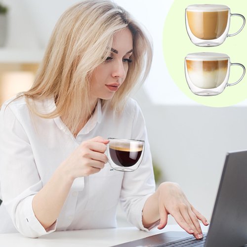 Hlukana Double Walled Glass Coffee Mugs Set of 2, 8 oz Insulated Coffee Mugs with Handle, Clear Coffee Mugs for Cappuccino, Latte, Americano, Tea Bag, Beverage Glasses Heat Resistant Coffee Cups