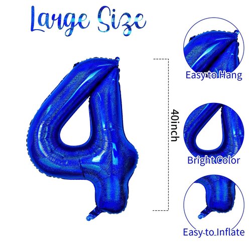 Number 4 Balloon 40 inch, Dark Blue Big Number Balloon, Giant Foil 4 Balloons Number, Helium 4th Birthday Balloons for Kids Boys Girls Birthday Party Decorations Wedding Anniversary Event Supplies