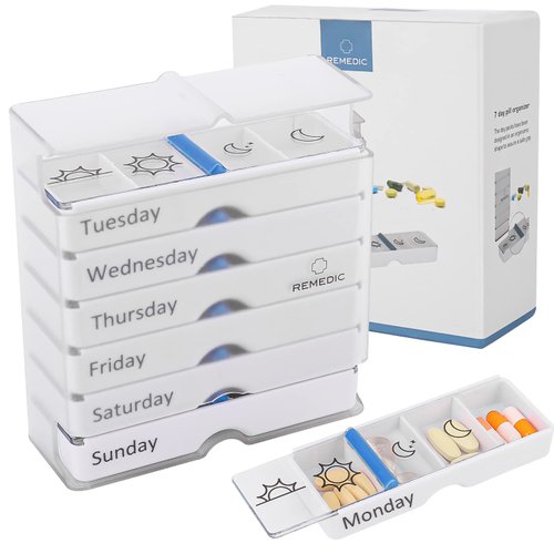 Remedic Weekly Pill Organizer – Better Grip Design Pillbox - Arthritis and Senior Living aids -7 Day Trays with 4 Compartments Each for Accurate Medication Planning. AM/PM Medication Reminder
