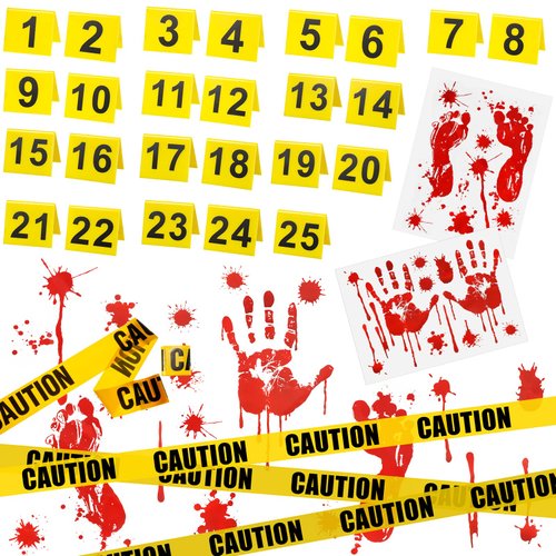28 Pcs Halloween Crime Scene Decorations, Includes Yellow Caution Tape 25 Evidence Markers 2 Halloween Window Clings Bloody Handprint Footprint Scary Halloween Decoration for Halloween Party Supplies