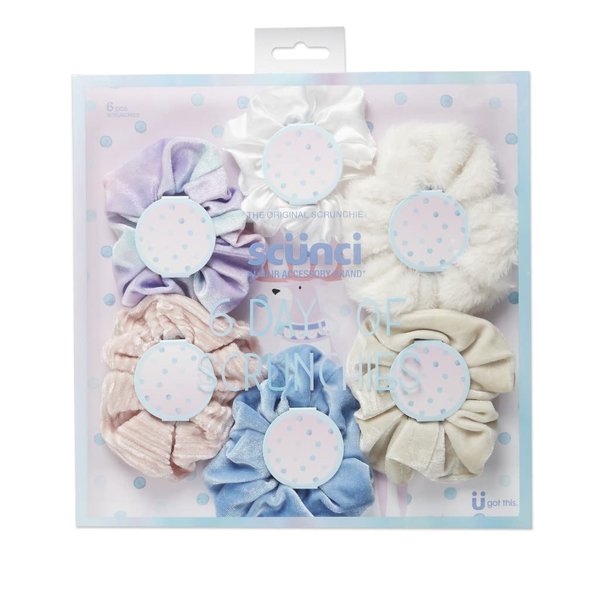 The Original Scrunchie® Girls Fashion Gift Set Includes 6 Unique Designs: Pastel Rainbow Velvet, Cream Velour, Pink Velvet, White Faux Fur, Blue Velour, White Satin in Presentation Box