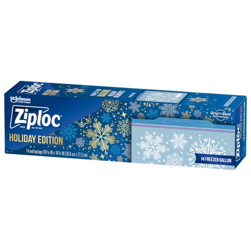 Ziploc Gallon Food Storage Freezer Bags, Grip 'n Seal Technology for Easier Grip, Open, and Close, 14 Count, Holiday Designs