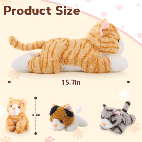 Muiteiur 4 Piece Cats Stuffed Animals, 15.7 inch Mom Plush Cat with 3 Kittens Stuffed in Zipper Pouch, Cute Yellow Mom and Baby Stuffed Cats for Kids Girls Boys Gift for Valentines Birthday