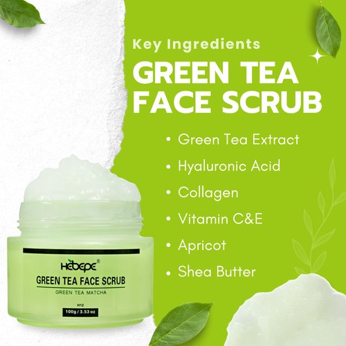 Green Tea Matcha Face Scrub, Gentle Exfoliating Cleanser with Hyaluronic Acid, Collagen, Vitamin C & E, Apricot, and Shea Butter, Hydrating and Nourishing Facial Exfoliator for Blackhead Removal
