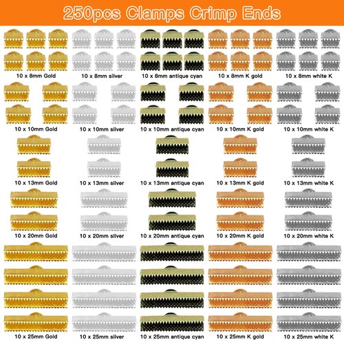 250pcs Ribbon Clamp End Clamp Cord Ends Bracelet Pinch Crimp Ends Bookmark Leather Fastener Clasps for Jewelry Craft Supplies DIY Choker Anklets(5 Colors,5 Sizes)