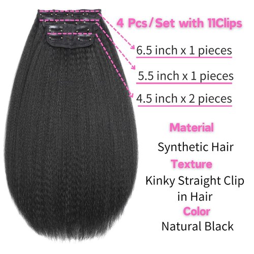 10inch Short Kinky Straight Clip ins Hair Extensions for Black Women 120g/Set Full Head Yaki Kinky Straight Synthetic Hair Clip ins Hair Natural Black 4Pcs 11