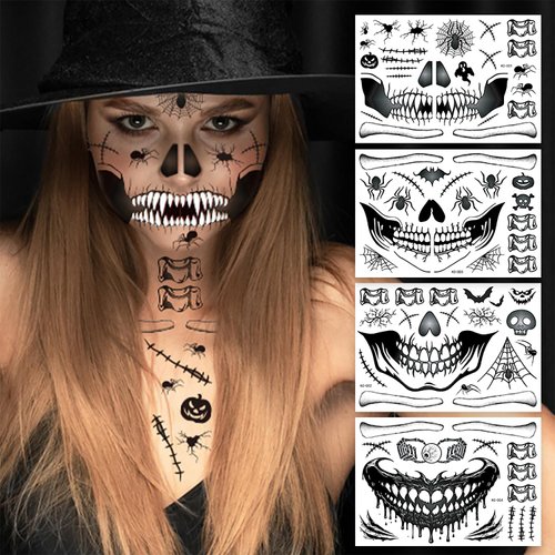Halloween Temporary Tattoos Scary Clown Mouth Face Temporary Tattoo Skull Spider Pumpkin Ghost Fake Tattoos Prank Makeup Tattoos Stickers for Halloween Cosplay Party Decorations Supplies