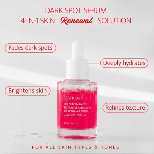 Bestkiss Dark Spot Remover for Face: 10% Niacinamide + 5% Tranexamic Acid + 2% Alpha-Arbutin Face Serum with Ceramides Hyaluronic Acid Centella Asiatica - Vegan Paraben Fragrance Cruelty Free 30mL