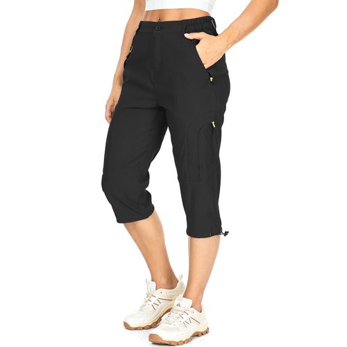linlon Women's Quick Dry Cargo Shorts,Outdoor Casual Straight Leg Capri Long Shorts for Hiking Camping Travel (Black, 12)