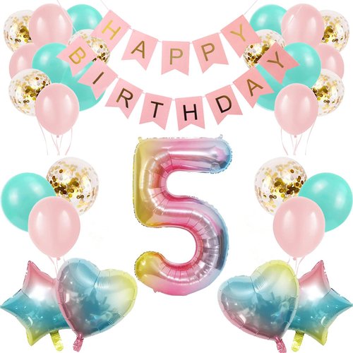 5th Birthday Decorations for Girls Gradient color Age 5 Birthday Balloons with Happy Birthday Banner for Baby showers Fifth Birthday Party Supplies for Girls Boys (5th-Birthday)
