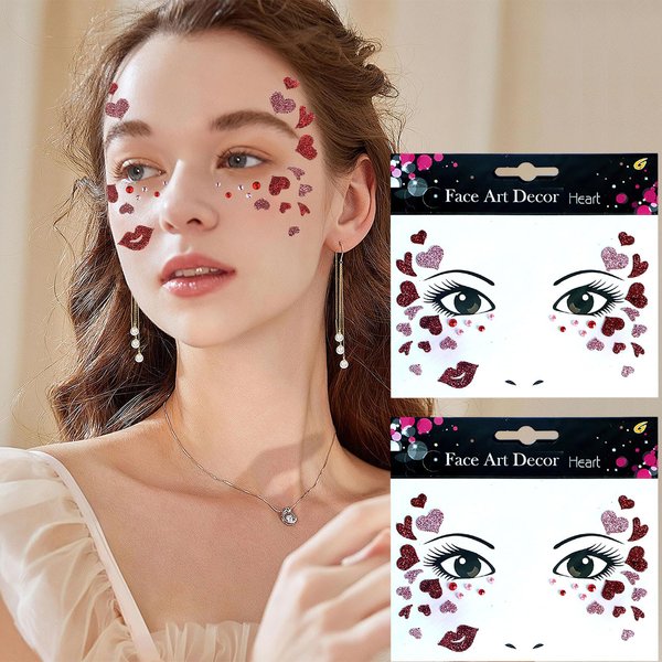 2 Sheets Valentine's Day Red Love Heart Glitter Diamond Eye Face Gems Tattoo Stickers with Rhinestone Design for Wedding Birthday Cosplay Party Makeup Decor