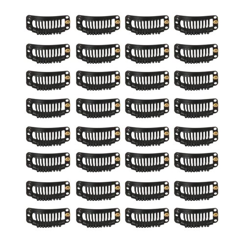 30pcs 9 Teeth Stainless Steel Snap Comb Wig Clips, Hair Extension Clips, Wig Accessories Clip with 30 Assorted Sewing Needles and 2 Rolls Thread (Black)