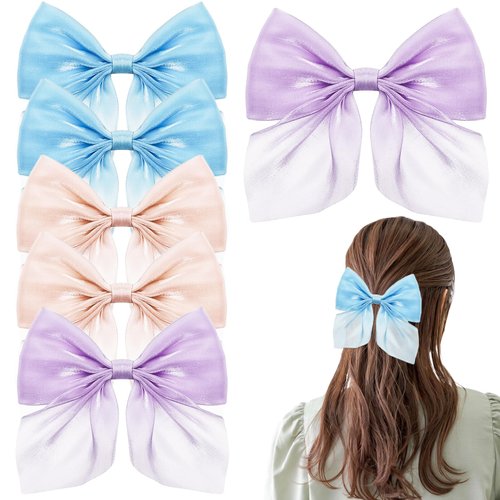6 PACK Bow Hair Clips, Beaded Fantasy Mermaid Color Ribbon Hair Clip, Short Tail Bow Vintage Solid Color Metal Clips Hair Decoration Accessories