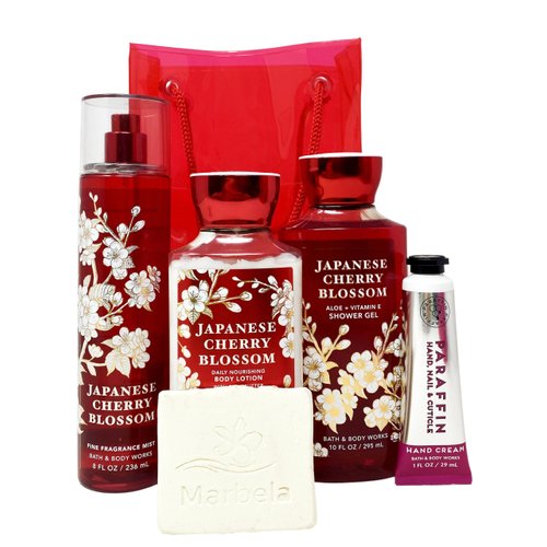 Bath & Body Works Japanese Cherry Blossom - Gift Bag Set - Fine Fragrance Mist, Shower Gel , Body Lotion and Hand Cream With a Natural Oats Sample Soap