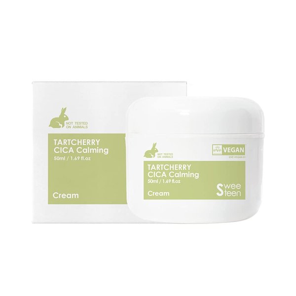 [SWEETEEN] Tart Cherry CICA Calming Cream, Korean Skincare, Vegan Beauty, Eve Vegan Certified, Eco-Friendly, Vegan-Friendly, Day & Night Vegan Soothing Cream, Vegan Sleeping Pack, 1.69 Fl.Oz.
