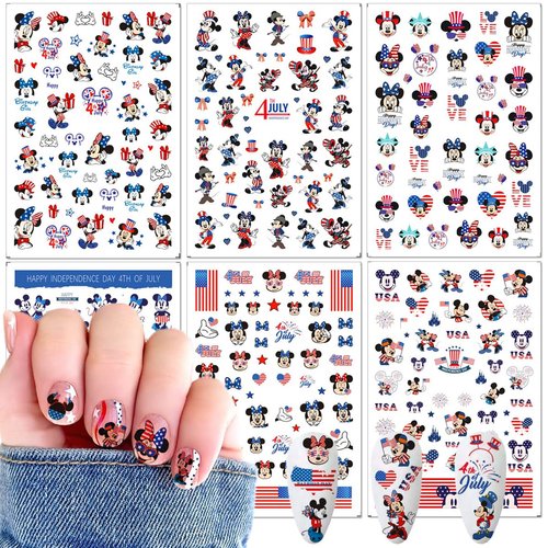 Independence Day Cartoon Nail Art Stickers 3D Self-Adhesive Designer Nail Stickers USA Patriotic Hearts Mouse Nail Design 4th of July Nail Decals for Women DIY Cute Holiday Nail Decoration 6 Sheets