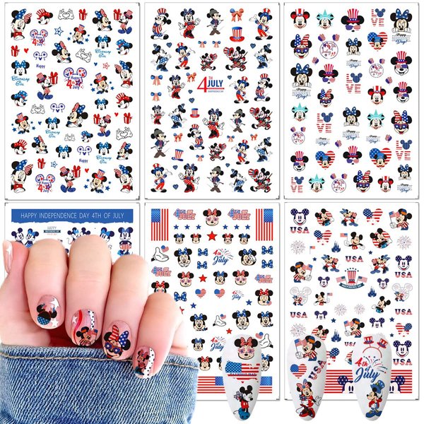 Independence Day Cartoon Nail Art Stickers 3D Self-Adhesive Designer Nail Stickers USA Patriotic Hearts Mouse Nail Design 4th of July Nail Decals for Women DIY Cute Holiday Nail Decoration 6 Sheets