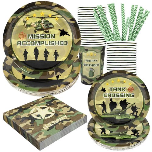 Army Birthday Party Supplies Decorations, Camo Theme Birthday Paper Plates and Napkins Set with Cups and Straws for 24 Guests, 120 Pcs Disposable Party Dessert Dinnerwares