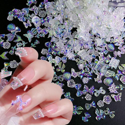 100pcs Mix Shapes Aurora Nail Art Charms Camellia Bow Nail Charms Resin Flower Butterfly Charms for Nails Design Kawaii Bear Moon Heart Nail Charm Ribbon Bows for Nails Charms Nail Flowers Nail Bows
