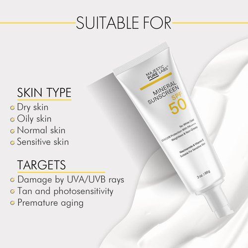Majestic Pure Labs 100% Mineral Sunscreen with Zinc Oxide & Titanium Dioxide | Blends Seamlessly for Healthy Glow with Vitamin E & Niacinamide | UVA/UVB Protection & Zero White Cast with SPF 50 | 3 oz
