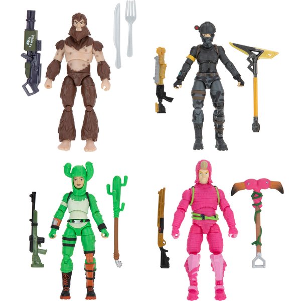 FORTNITE Alchemist Squad Mode, 4 Figure Pack - 4 Inch King Flamingo, Prickly Patroller, Bigfoot, Elite Agent Collectible Action Figures, Plus 5 Harvesting Tools, 4 Weapons, 4 Building Materials