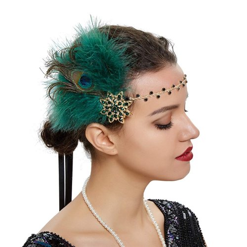 1920s Headpiece Great Gatsby Accessories Flapper Headband Wedding Headpieces for Bride Roaring 20's Art Deco Hair Clip 06Green