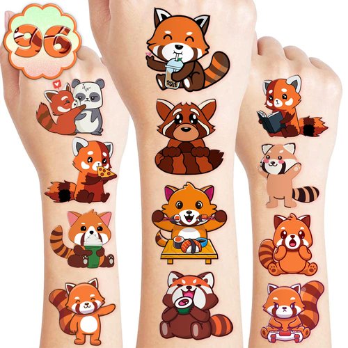 Red Panda Temporary Tattoos Birthday Party Supplies Favors Decorations Super Cute 96PCS Fake Tattoos Stickers for Boys Girls School Classroom Rewards Gifts Ideal Halloween