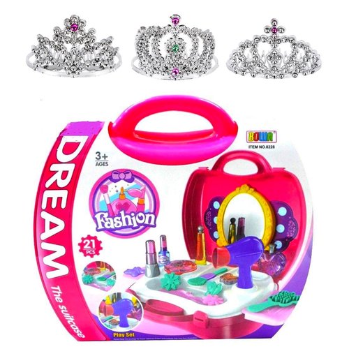 Pretend Play for Girls, 21 Pieces Vanity Set w/ Mirror +3 Free Tiaras, Beauty Hair Salon Kit, Play Makeup Toys for 3 Years Old, No Chemicals, No BPA, Best Christmas and Birthday Gift for Preschoolers
