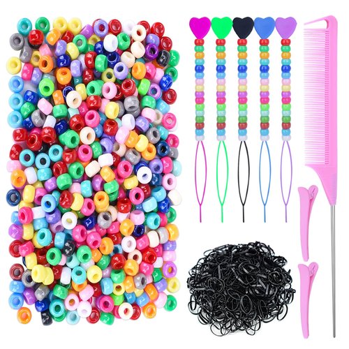 Ningrou 1008 Pcs Hair Beads Kit for Girls and Kids Hair Braids, 500Pcs 9x6mm Pony Beads, 500Pcs Mini Elastic Rubber Bands, 5Pcs Quick Beaders, 1Pcs Rattail Comb and 2Pcs Duckbill Clips