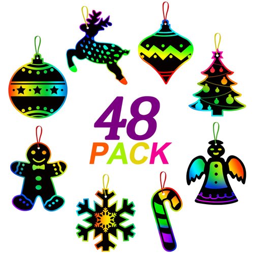 ORIENTAL CHERRY Christmas Scratch Crafts Arts, 48 DIY Rainbow Scratch Art Bulk Cards, Rainbow Scratch Paper Supplies Toys for 3-12Years Old Kids Favord Gift for Christmas Party Games Projects Kits