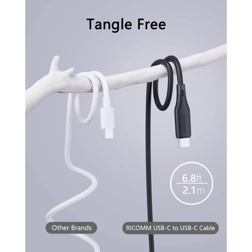 RICOMM USB C to USB C Cable, Type C Charging Cable 100W 6.8ft Soft Silicone Fast Charge for MacBook Pro 2022, iPad Air 4/5, iPad Mini 6, iPad Pro 12.9, Galaxy S22 Ultra, Pixel, PS5, Switch, Black
