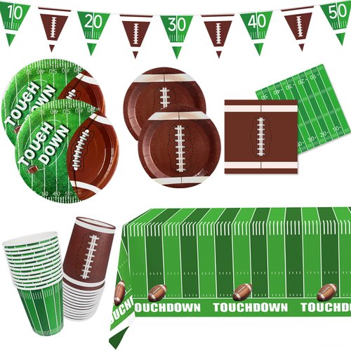 Football Party Supplies - 98pcs Football Themed Party Decorations Including Plates, Napkins, Cups, Banner and Touchdown Tablecloth for Football Birthday Party Decorations, 24 Guests