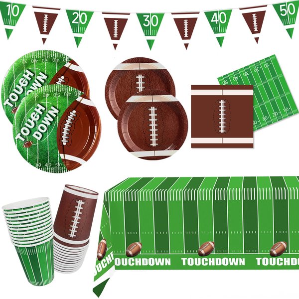 Football Party Supplies - 98pcs Football Themed Party Decorations Including Plates, Napkins, Cups, Banner and Touchdown Tablecloth for Football Birthday Party Decorations, 24 Guests