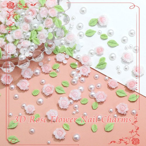 RODAKY 300PCS Flower Nail Charms Pink 3D Roses Flower Charms for Nail Design Green Leaf Nail Art Stud Flatback White Pearl Beads Mixed Size Resin Charms for Manicure DIY Nail Decoration