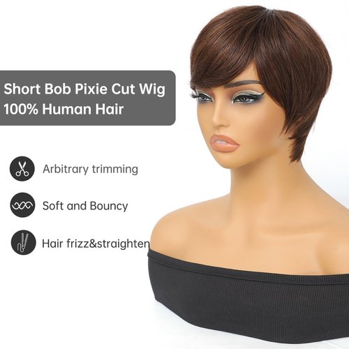 XC CLOUDS Pixie Cut Wigs For Black Women Wear And Go Human Hair Wigs Short Brown Wig With Bangs Layered Wavy Style Wigs With Bangs Full Machine Made Wigs (Brown)