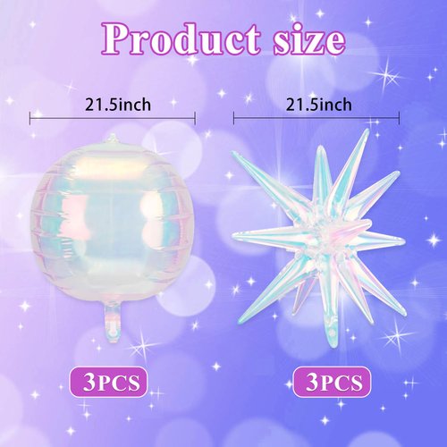 6Pcs 4D Iridescent Sphere Balloons 22 Inch Holographic Balloons for Birthday Party, Rainbow Mermaid Party Decoration Balloon, Summer Holiday Pink Party Balloons for Girls