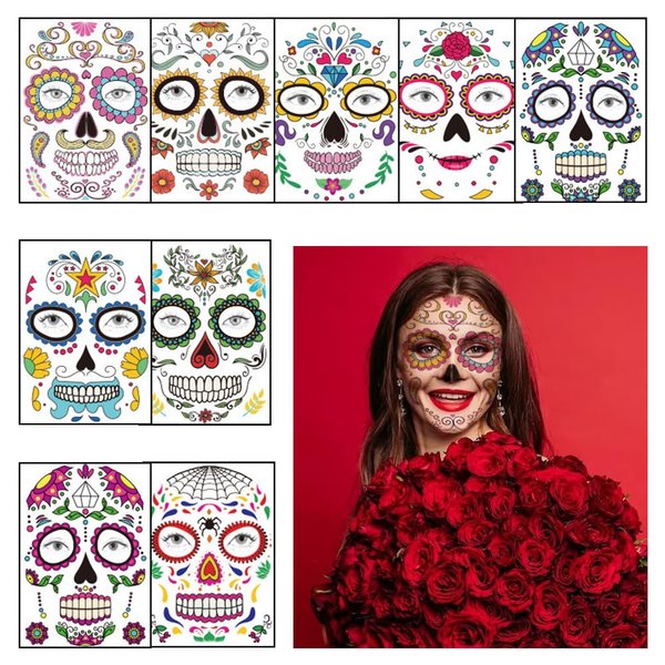 Hying 9 PCS Day of The Dead Temporary Tattoos Halloween Skull Face Tattoos Sugar Ballerina Skeleton Temporary Face Stickers Day of The Dead Makeup Tattoos for Mexican Halloween Party Favor Supplies