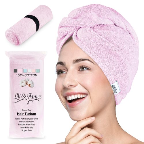 Lili&James Cotton Hair Towel Wrap for Women/Kids | Quick Dry, Soft & Absorbent 420 GSM Hair Wrap Towels with Double Button | Anti Frizz, Non Microfiber Hair Turbans for Curly, Long Hair (Lilac)