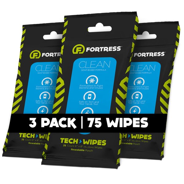 Fortress Electronic Wipes (25 ct, Pack of 3) To-Go Tech Wipes for Cell Phones, Keyboards, Cameras, Car Interior and More [Travel Size] Skin-Safe Cleaning Wipes, Phone Wipes