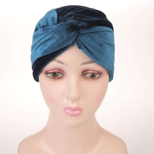 Fxhixiy Women's Stretch Velvet Twist Pleasted Hair Wrap Turban Hat Cancer Chemo Beanie Cap Headwear (Teal)