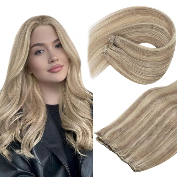 Sunny Hair Beaded Weft Hair Extensions Human Hair 50G Micro Bead Weft Hair Extensions Real Human Hair Straight Weft Hair Extensions with Micro Beads Easy Weft Ash Blonde with Bleach Blonde 20 inch
