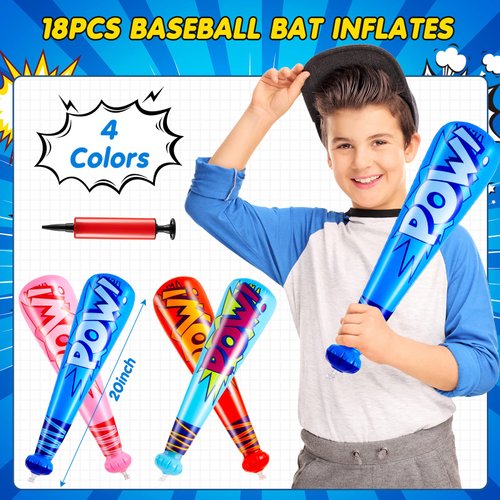 WILLBOND 18 Pcs Pow Inflatable Baseball Bat 20'' Inflatable Toy Bat Toys Baseball Party Favors for Goodie Bag Favors Carnival Prizes Games Birthday Party Supplies, 4 Colors