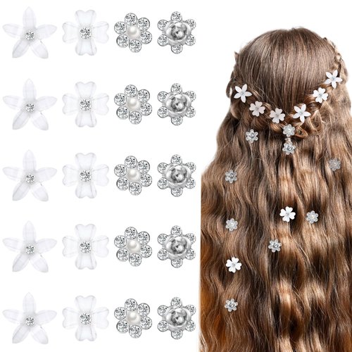 Bewudy 20Pcs Mini Rhinestone Hair Pins, White Flower Hair Clips, Cute Flower Girl Hair Accessory, Cute Small Decorative Wedding & Bridal Barrettes for Girls & Women (4 Flower Patterns)