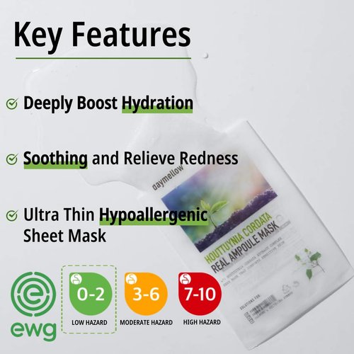 daymellow Sheet Mask 5PACK, Houttuynia Cordata Real Ampoule Masks, Face Sheet Mask, Heartleaf, Panthenol, Tea Tree, Hydrating, Acne, Soothes Redness Facial Sheet Mask Korean Skincare