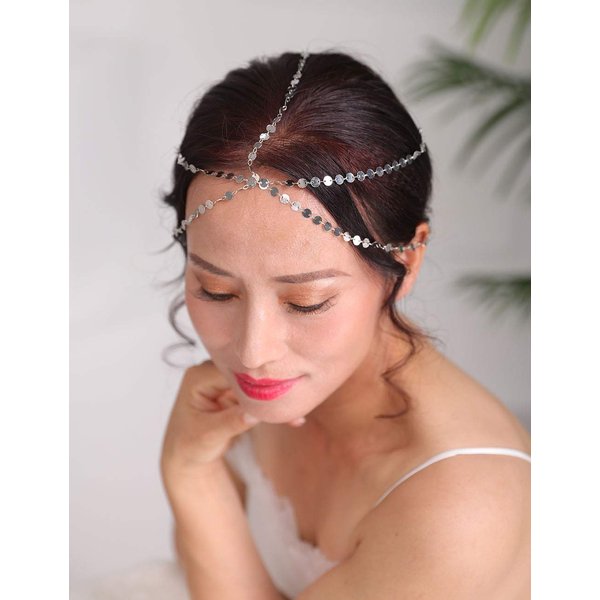 Denifery Bridal Boho Silver Head Chain Bridal Headpiece Bohemian Wedding Hair Accessories