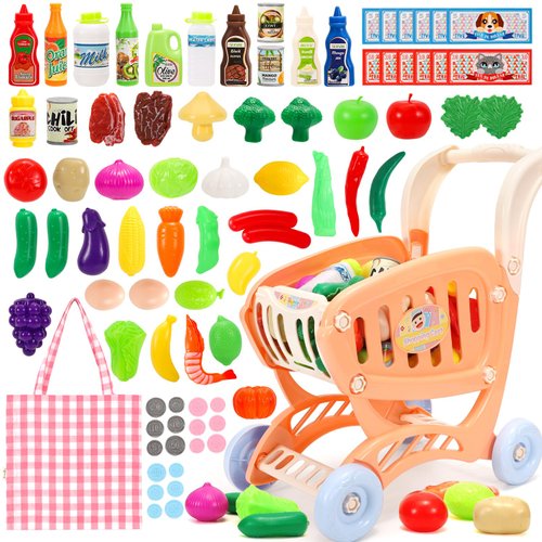 Tagitary Shopping Cart Toy for Kids,82 PCS Toddler Play Grocery Cart with Shopping Bag,Included Pretend Plastic Food Veggies,Play Money Cash and Coins, Learning Toys Play Kitchen Accessories for Kids