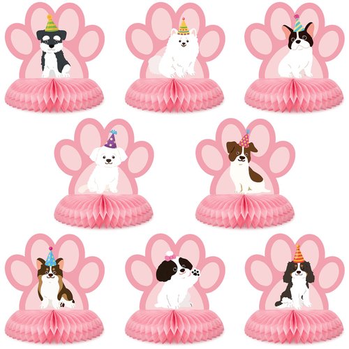 Ferraycle 8 Pcs Dog Themed Party Table Decorations Pink Dog 3D Honeycomb Centerpieces Dog Birthda...